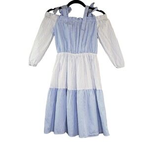 Line & Dot Dress Womens XS Blue White Stripe Off Shoulder Tiered‎ Dress Anthro